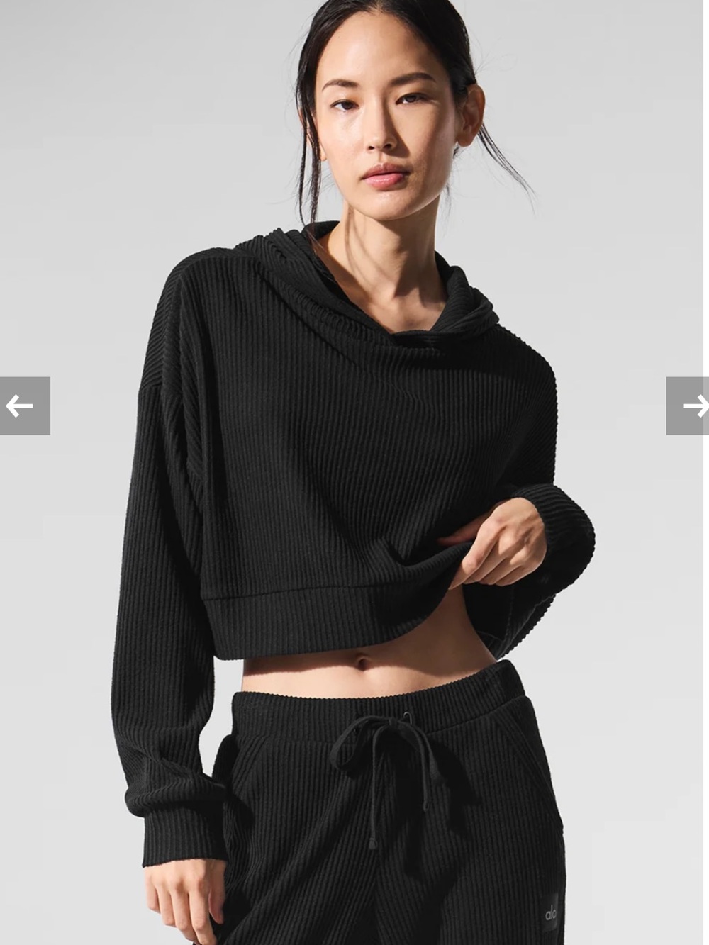 Alo muse Black Ribbed Cropped Hoodie Sweater medium